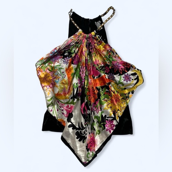 Cache Tops - SOLD🩷Cache Vintage Y2K Silk Scarf Floral Print Halter Chain Top in Black Size XL